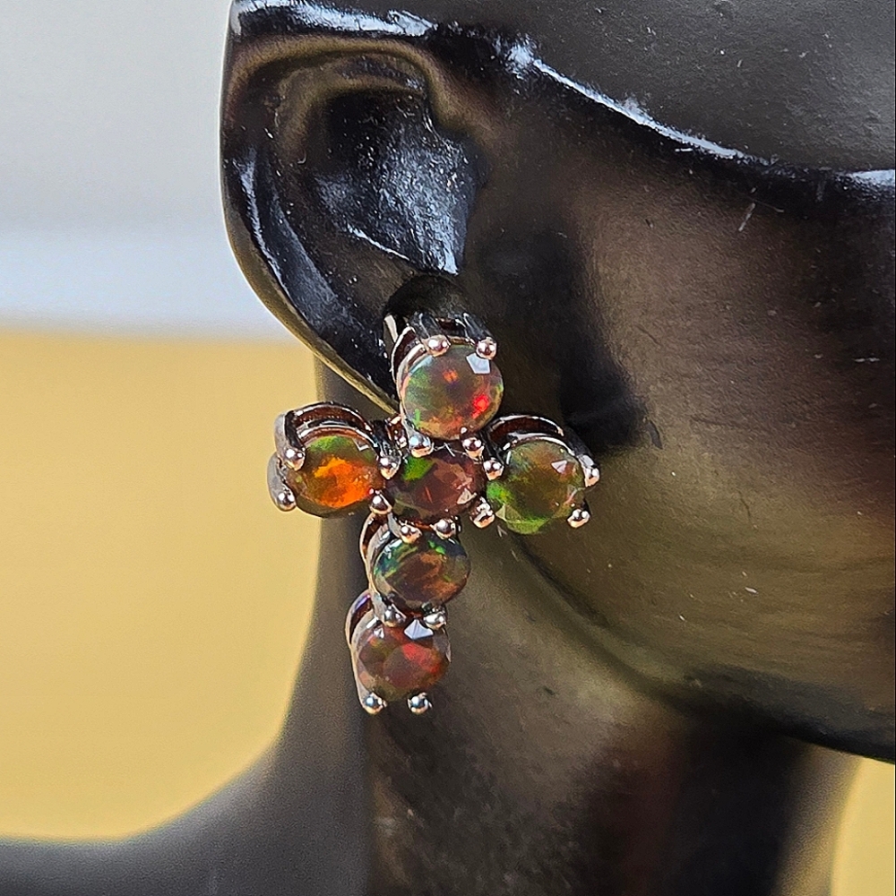 Natural Black Opal 925 Sterling Silver Cross Earrings